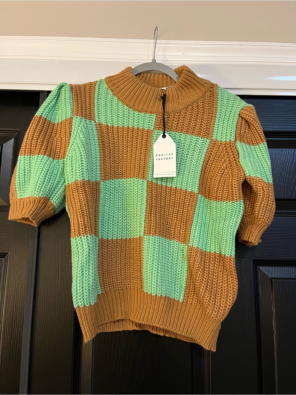 English Factory Mint and Brown Checker Knit Sweater